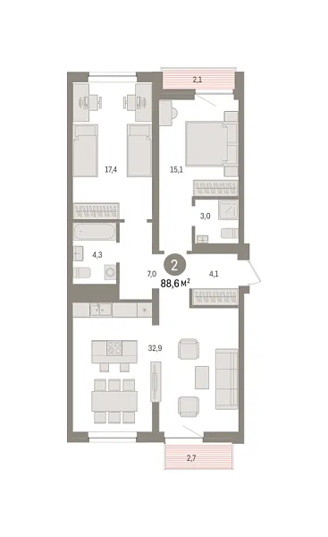 Новая 2-к квартира
 88.6 м² на 7/8 этаже в ЖК «Речной порт» в городе Тюмень 