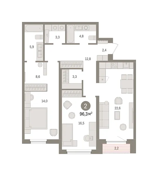 Новая 2-к квартира
 96.27 м² на 9/16 этаже в ЖК «Зарека» в городе Тюмень 