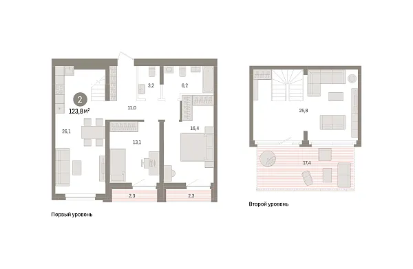 Новая 2-к квартира
 123.8 м² на 8/8 этаже в ЖК «Речной порт» в городе Тюмень 
