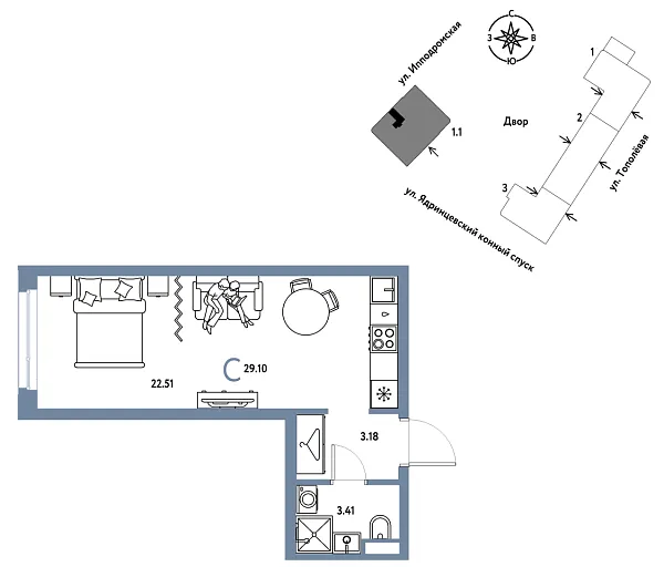 Новая квартира-студия
 29.1 м² на 20/30 этаже в ЖК «Страна.Тополёвая» в городе Тюмень 