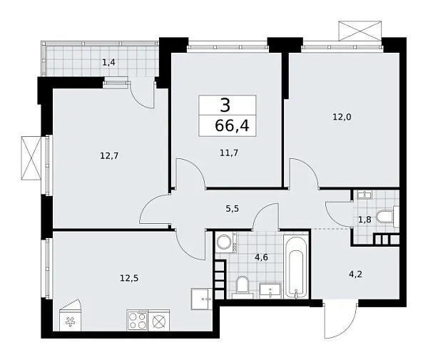 Новая 3-к квартира
 66.4 м² на 8/18 этаже в ЖК «Бунинские кварталы» в городе Тюмень 