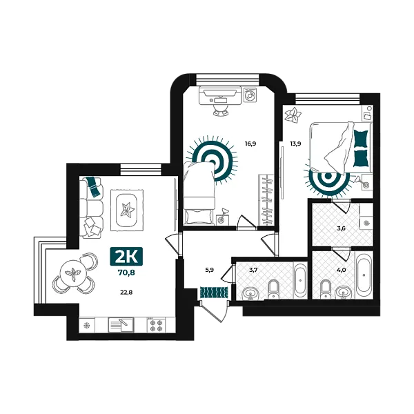 Новая 2-к квартира
 70.8 м² на 4/23 этаже в ЖК «Добро» в городе Тюмень 