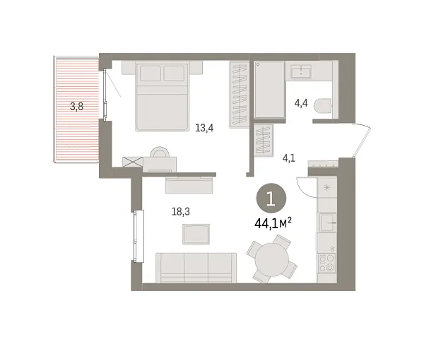 Новая 1-к квартира
 44.06 м² на 6/9 этаже в ЖК «Брусника в Новоселье» в городе Тюмень 