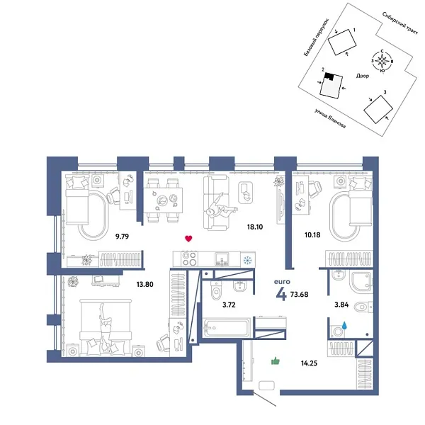 Новая 4-к квартира
 73.68 м² на 31/32 этаже в ЖК «Сибирский сад» в городе Тюмень 