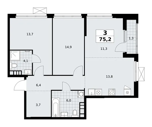 Новая 3-к квартира
 75.2 м² на 23/24 этаже в ЖК «Южные сады» в городе Тюмень 