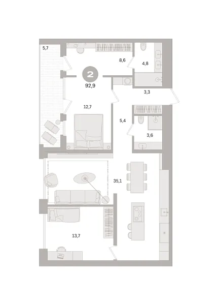 Новая 2-к квартира
 92.9 м² на 3/21 этаже в ЖК «Дом «А»» в городе Тюмень 