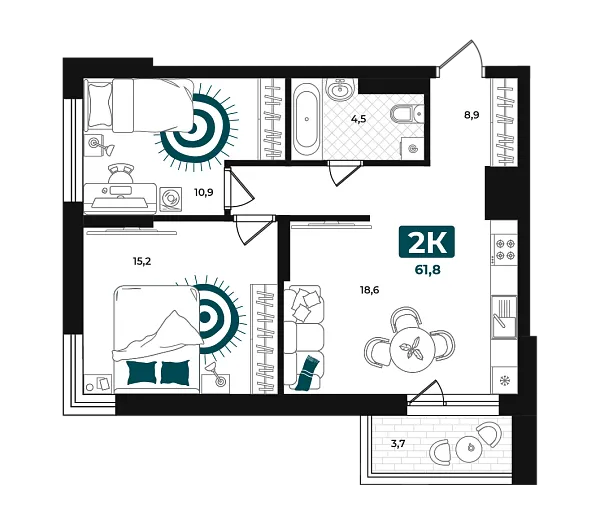 Новая 2-к квартира
 61.8 м² на 8/23 этаже в ЖК «Добро» в городе Тюмень 