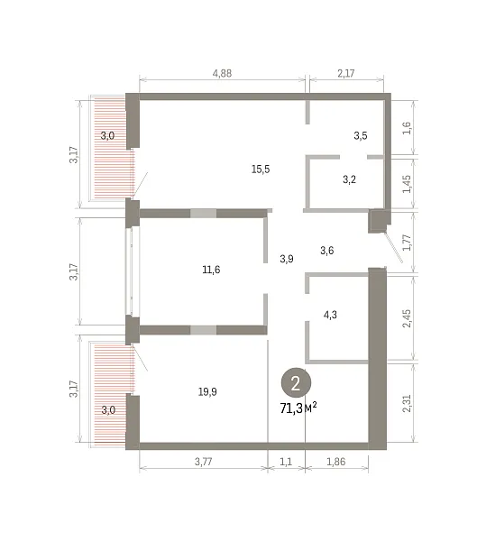 Количество комнат: 2,  71.34 кв.м.