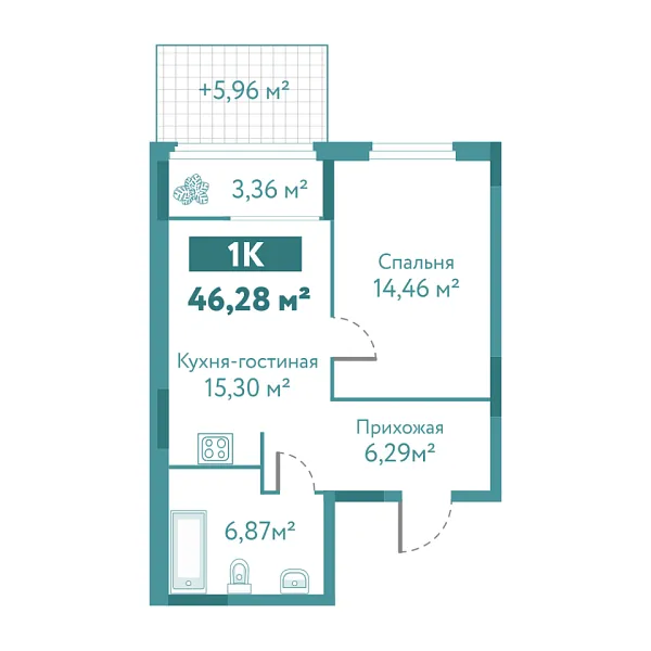 Новая 1-к квартира
 46.28 м² на 1/10 этаже в ЖК «Акватория» в городе Тюмень 