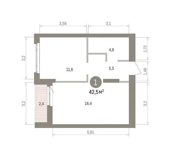 Количество комнат: 1,  42.5 кв.м.