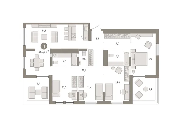 Новая 4-к квартира
 149.07 м² на 15/15 этаже в ЖК «Республики 205» в городе Тюмень 