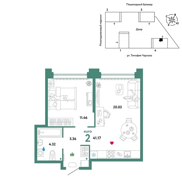 Новая 2-к квартира
 41.17 м² на 30/31 этаже в ЖК «Звёздный» в городе Тюмень 