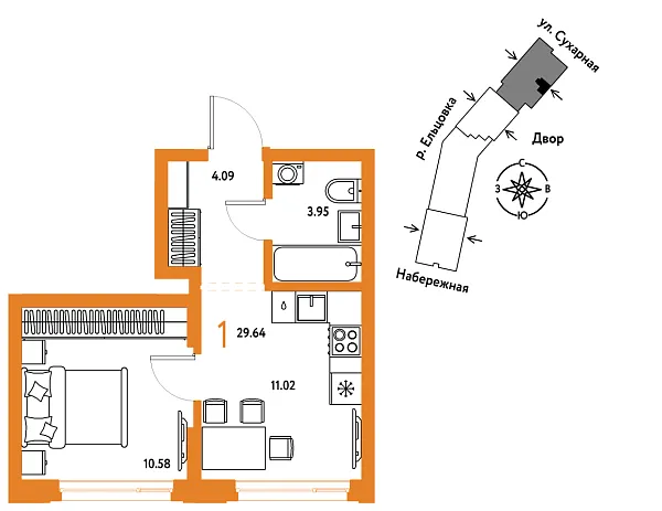 Новая 1-к квартира
 29.64 м² на 28/29 этаже в ЖК «Страна.Береговая» в городе Тюмень 