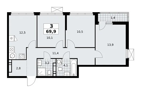Новая 3-к квартира
 69.9 м² на 10/12 этаже в ЖК «Скандинавия» в городе Тюмень 