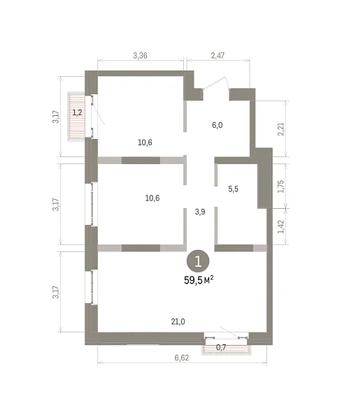 Количество комнат: 2,  59.5 кв.м.