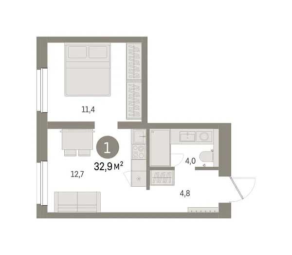 Новая 1-к квартира
 32.86 м² на 3/8 этаже в ЖК «Северный ветер» в городе Тюмень 