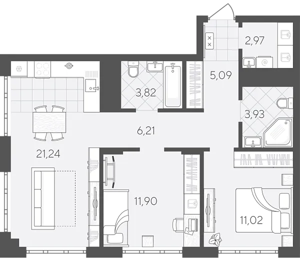 Новая 2-к квартира
 66.18 м² на 11/24 этаже в ЖК «Скандиа. Квартал в Слободе» в городе Тюмень 