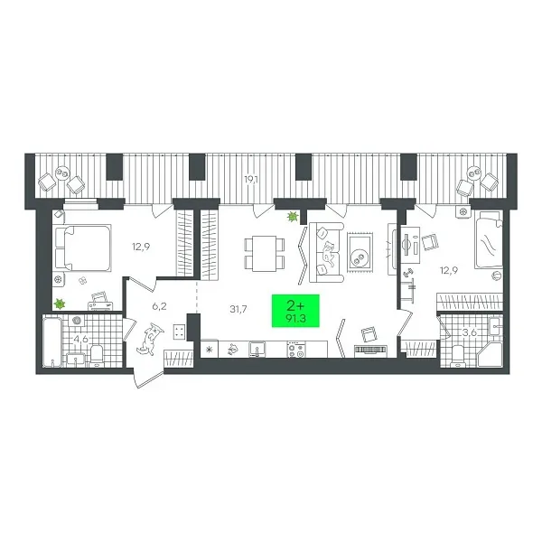 Количество комнат: 2,  91.34 кв.м.