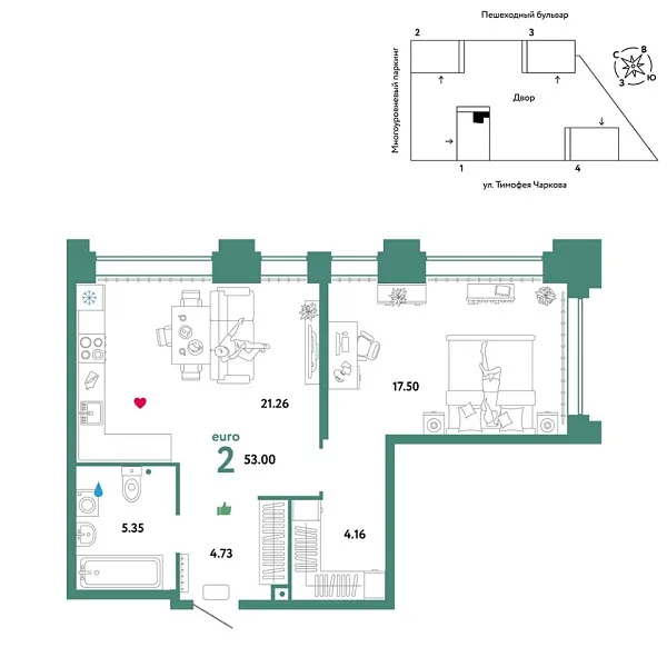 Новая 2-к квартира
 53 м² на 30/31 этаже в ЖК «Звёздный» в городе Тюмень 