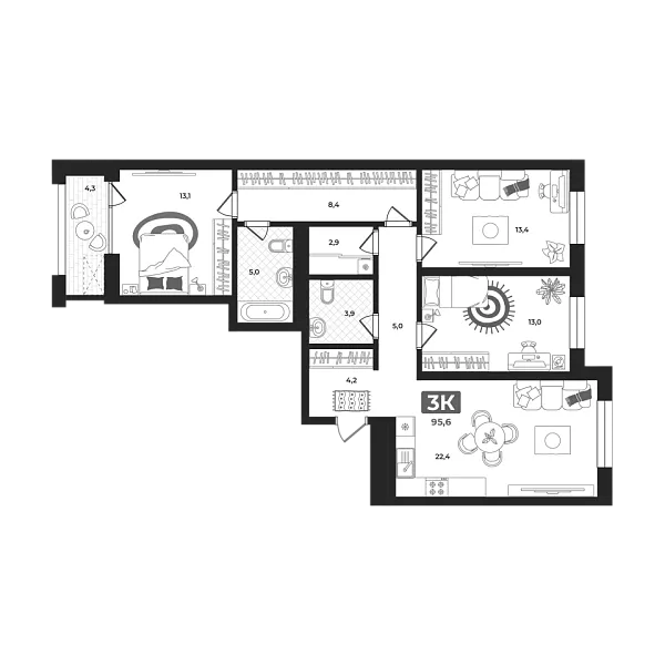 Новая 3-к квартира
 95.5 м² на 2/23 этаже в ЖК «Маэстро» в городе Тюмень 
