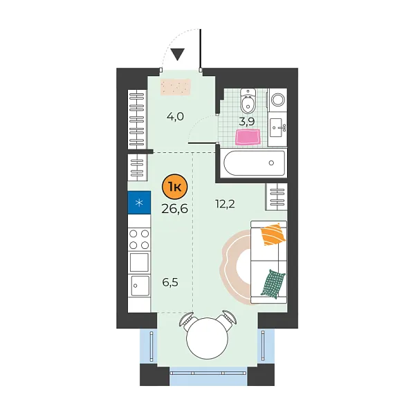 Новая квартира-студия
 26.6 м² на 3/25 этаже в ЖК «Корней» в городе Тюмень 