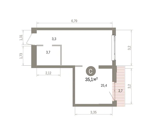 Количество комнат: Студия,  35.1 кв.м.