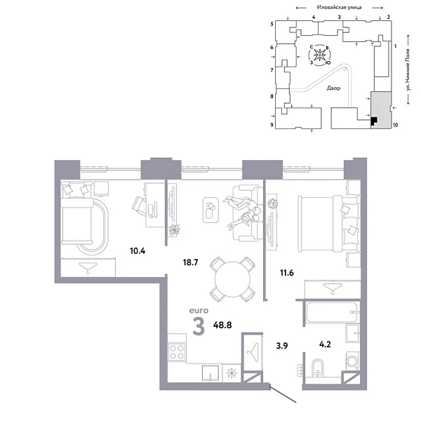 Новая 3-к квартира
 48.8 м² на 25/38 этаже в ЖК «Страна.Заречная» в городе Тюмень 