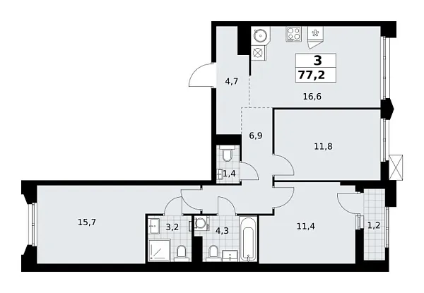 Новая 3-к квартира
 77.2 м² на 12/16 этаже в ЖК «Деснаречье» в городе Тюмень 
