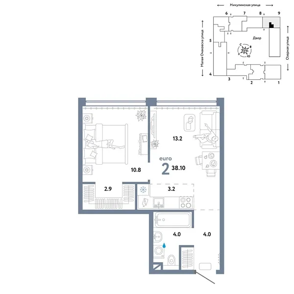Новая 2-к квартира
 38.1 м² на 9/30 этаже в ЖК «Страна.Озёрная» в городе Тюмень 