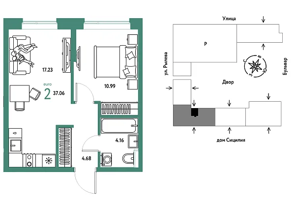 Новая 2-к квартира
 37.06 м² на 10/24 этаже в ЖК «Остров-сад» в городе Тюмень 