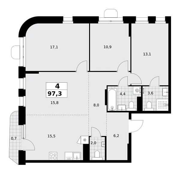 Новая 4-к квартира
 97.3 м² на 11/14 этаже в ЖК «Прокшино» в городе Тюмень 