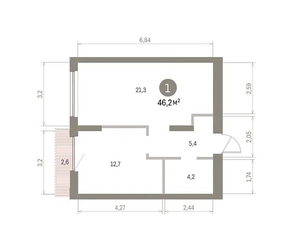 Количество комнат: 1,  46.23 кв.м.