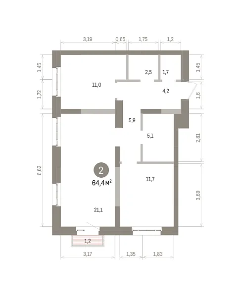 Количество комнат: 2,  64.4 кв.м.