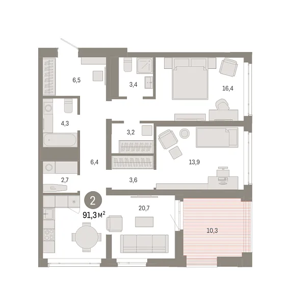 Новая 2-к квартира
 91.25 м² на 12/18 этаже в ЖК «Республики 205» в городе Тюмень 