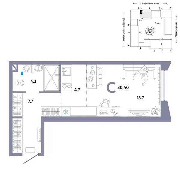 Новая квартира-студия
 30.4 м² на 13/30 этаже в ЖК «Страна.Озёрная» в городе Тюмень 