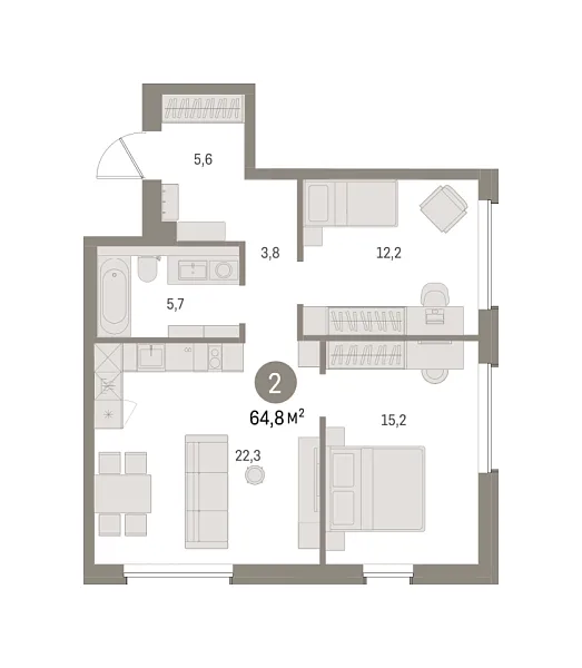 Новая 2-к квартира
 64.73 м² на 5/10 этаже в ЖК «Северный ветер» в городе Тюмень 