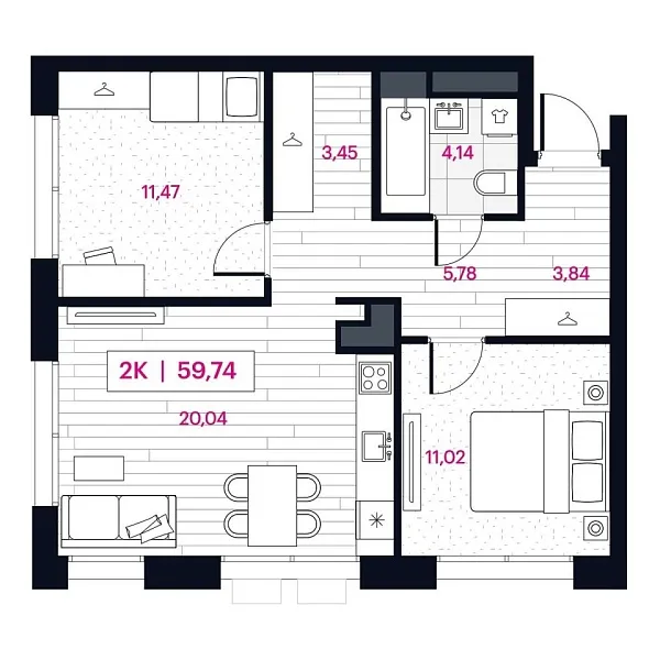 Новая 2-к квартира
 59.74 м² на 13/16 этаже в ЖК «Пушкина» в городе Тюмень 