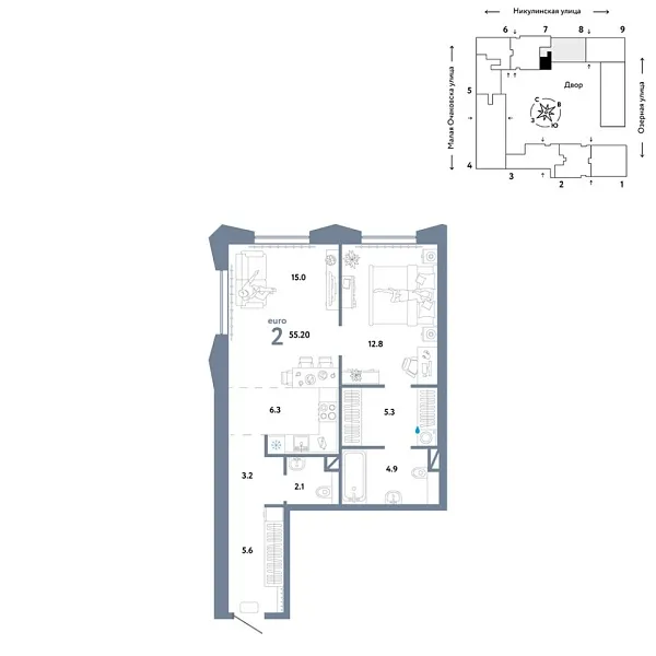 Новая 2-к квартира
 55.2 м² на 9/30 этаже в ЖК «Страна.Озёрная» в городе Тюмень 