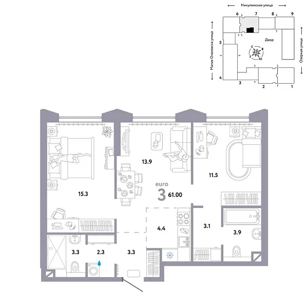 Новая 3-к квартира
 61 м² на 19/30 этаже в ЖК «Страна.Озёрная» в городе Тюмень 