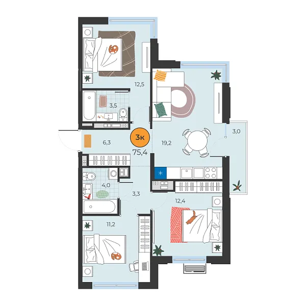Новая 3-к квартира
 72.4 м² на 6/25 этаже в ЖК «Корней» в городе Тюмень 
