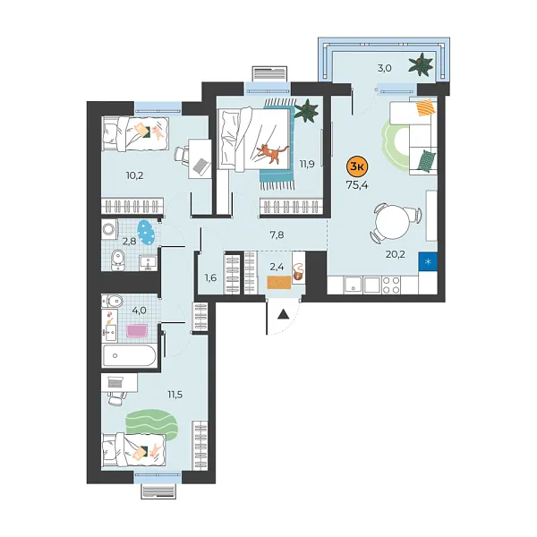 Новая 3-к квартира
 72.4 м² на 9/25 этаже в ЖК «Корней» в городе Тюмень 