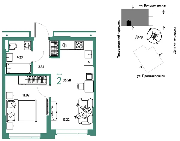 Новая 2-к квартира
 36.58 м² на 3/20 этаже в ЖК «Страна.Прибрежная» в городе Тюмень 