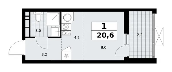 Новая 1-к квартира
 20.6 м² на 13/18 этаже в ЖК «Скандинавия» в городе Тюмень 