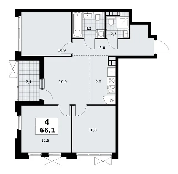 Новая 4-к квартира
 66.1 м² на 11/18 этаже в ЖК «Скандинавия» в городе Тюмень 