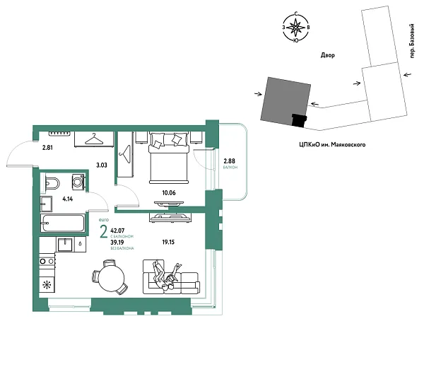 Новая 2-к квартира
 42.07 м² на 13/25 этаже в ЖК «Сибирский сад» в городе Тюмень 