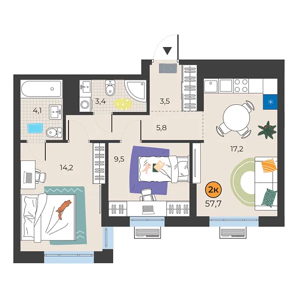 Новая 2-к квартира
 57.7 м² на 5/25 этаже в ЖК «Корней» в городе Тюмень 