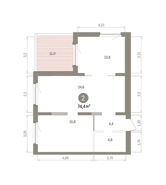 Количество комнат: 2,  74.43 кв.м.