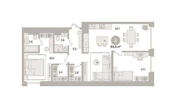 Количество комнат: 2,  84.5 кв.м.