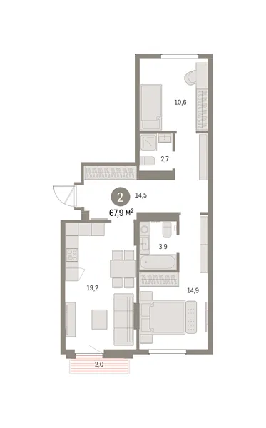 Новая 2-к квартира
 67.86 м² на 9/9 этаже в ЖК «Брусника в Академическом» в городе Тюмень 