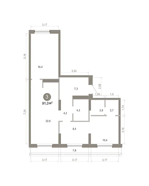 Количество комнат: 3,  86.82 кв.м.